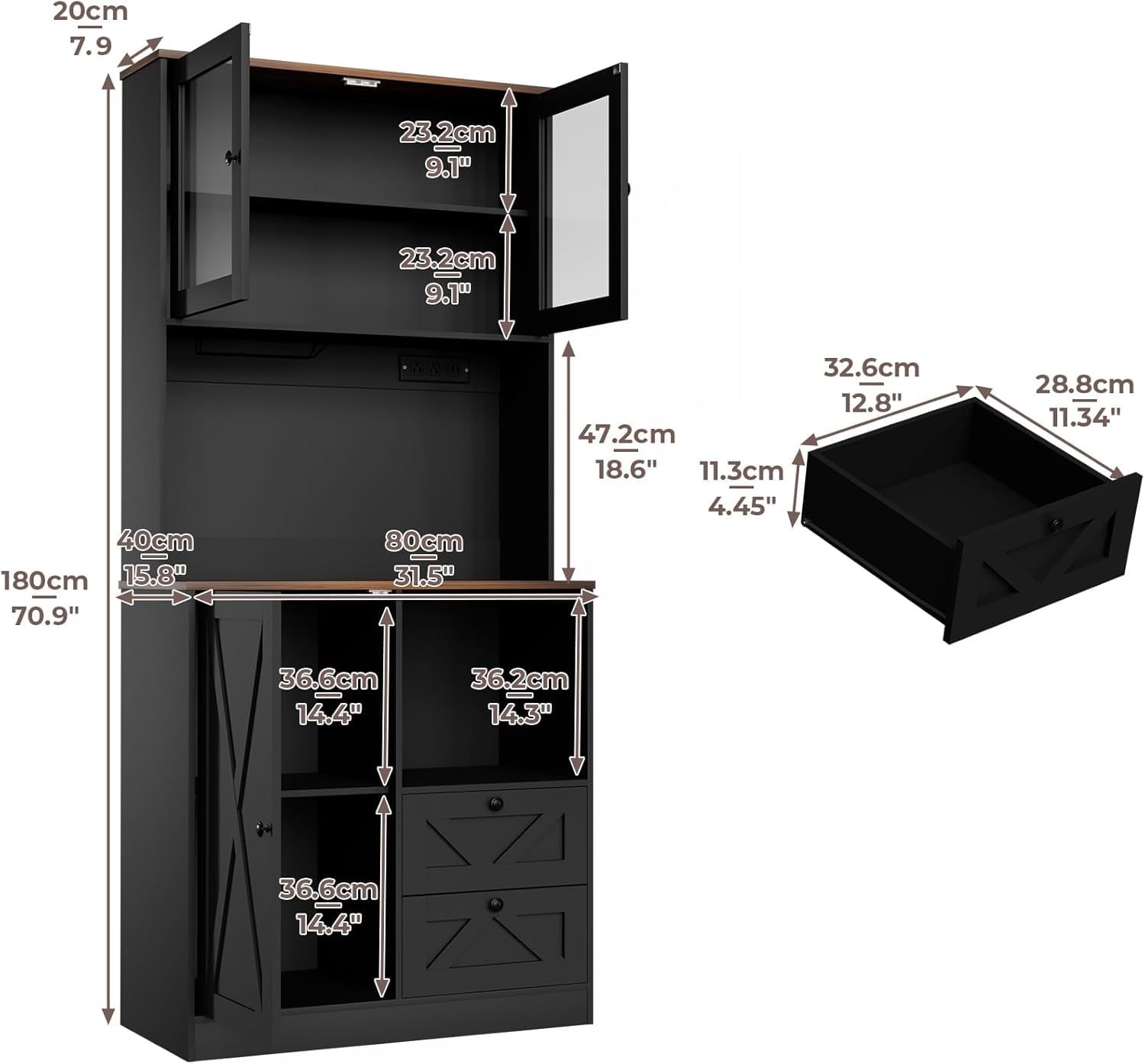 Timagebreze 71 Inch Farmhouse Pantry with LED Lighting & Electrical Outlet, Tall Kitchen Cabinet with Microwave Stand,Black