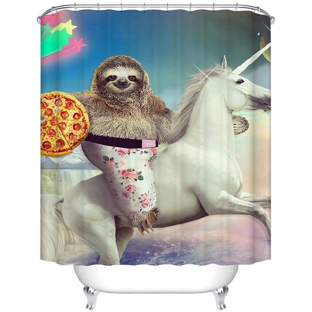 Boyouth 3D Funny Sloth Riding Horse with Pizza Pattern Digital Print Bath Shower Curtains Polyester Waterproof Fabric Bath Curtain with 12 Hooks,35x70 Inches,Multicolor
