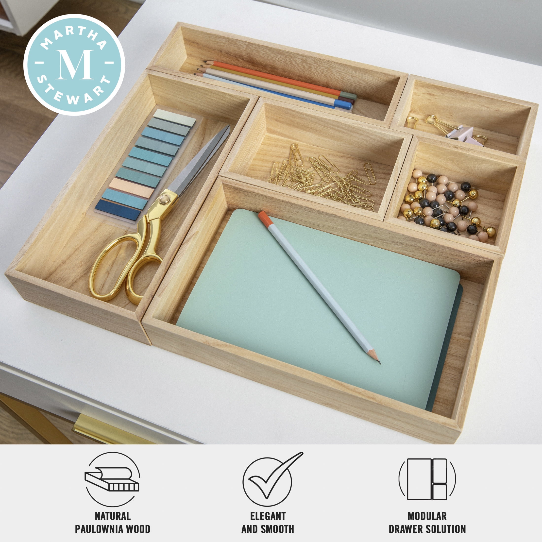 Martha Stewart Weston Wooden Desktop Organizer with Open Lower Storage Compartment, Engineered Wood Multipurpose Storage Caddy, White