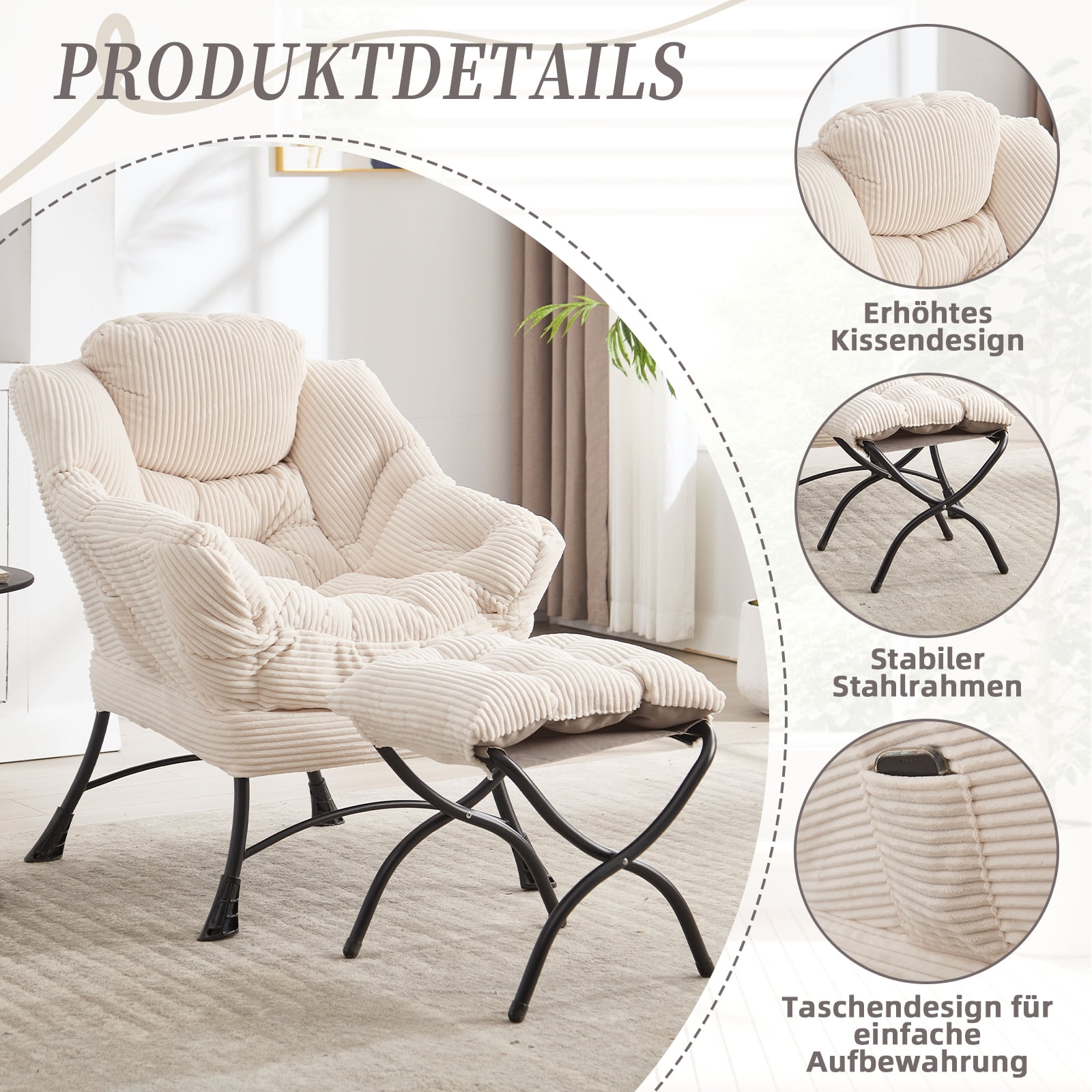 MOONMISS Accent Chair with Ottoman,with Armrests and Side Pockets、 Footrest for Living Room,White