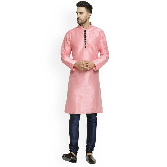 eloria Men's Traditional Silk Blend Solid Pink Kurta With Navy Blue Churidar Pyjama