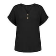 thumbnail image 5 of Black T Shirts for Women's Fashionable and Casual Solid Color V Neck Wrinkle Cloth Button Short Sleeve Rolled Up T Shirt Top Fashion Clothing, 5 of 6