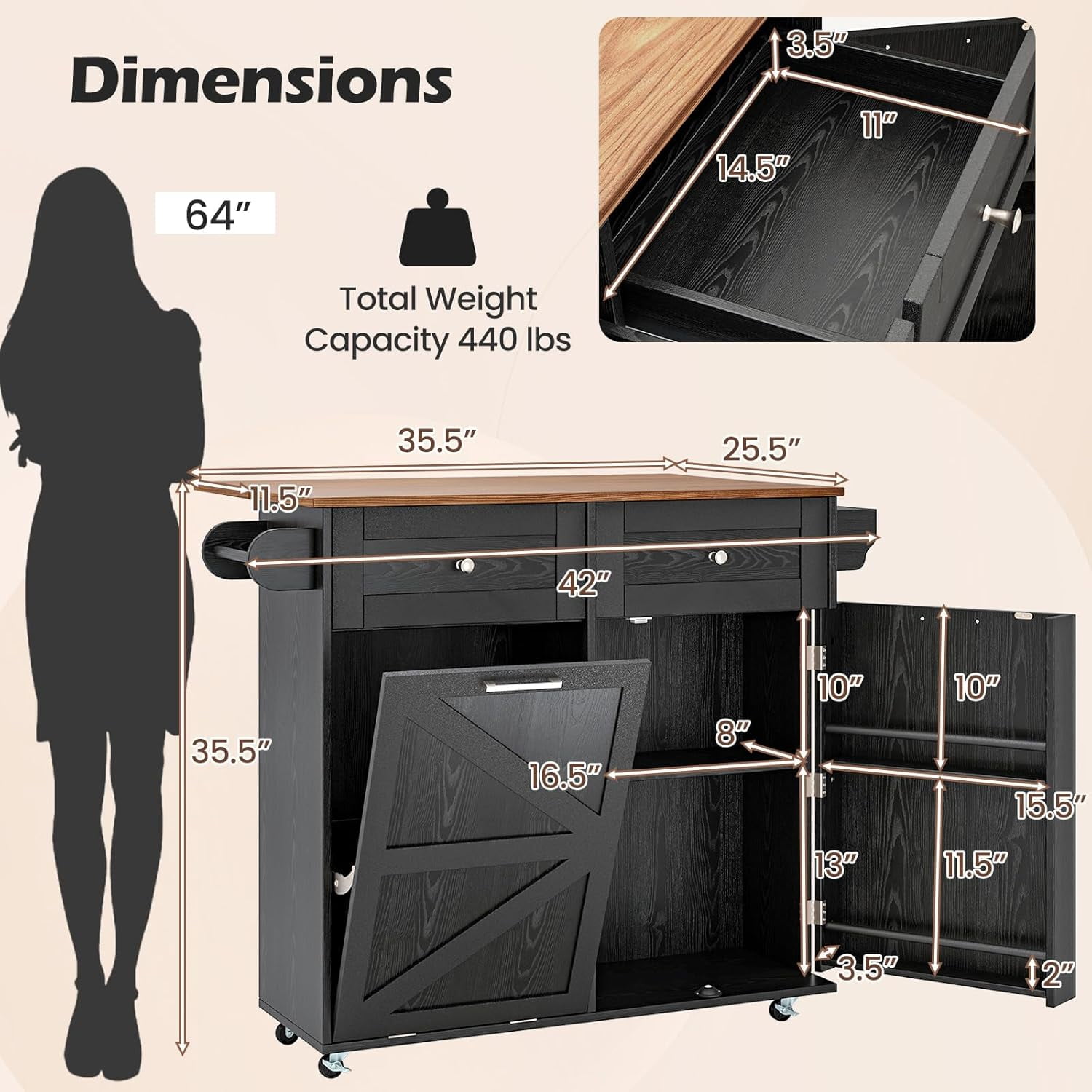 SILKYDRY Rolling Kitchen Island with Trash Can Storage Cabinet, Drop Leaf Breakfast Bar Table, Towel Holder, 2 Drawers & Door Racks, 4 Rubber Wheels, Wood Island Table for Kitchen (Black)