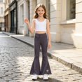 thumbnail image 6 of XXWXYD Girls Rib‑Knit Flare Pants, Elastic‑High‑Waist Bell‑Bottom Trousers With Heart Embroidery, Stretchy Knit Bottoms For Kids Casual Daily Dressing, 6 of 7