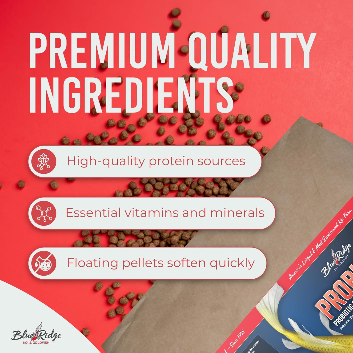 Blue Ridge Koi Fish Food 50lb - Koi Food 3/16” Probiotic Plus, Goldfish Food, Premium Fish Food for Ponds, Ponds Fish Food, Koi Food Fall and Winter Fish Food, Floating Pond Pellets