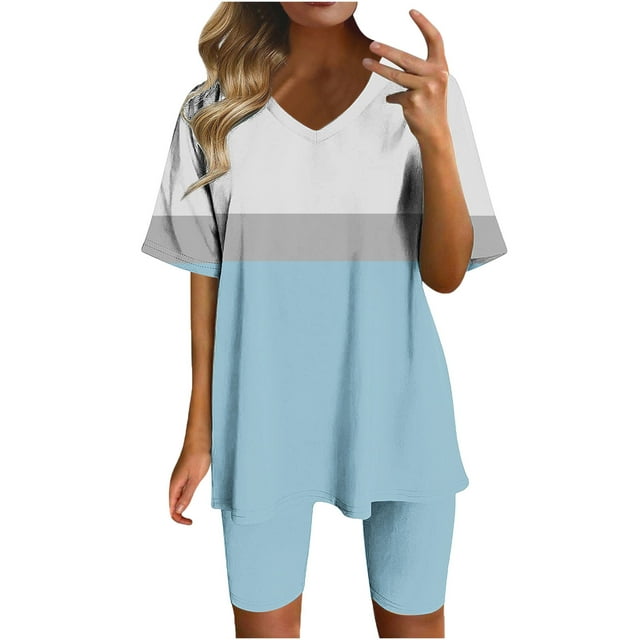 Blouses pour Femmes, Mode Imprimée Blouse Col en V Manches Courtes Hauts Shorts Ensemble Décontracté