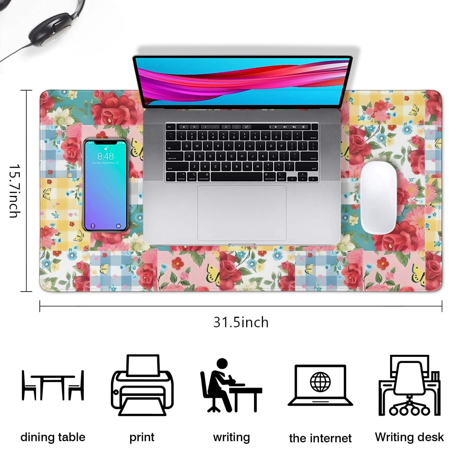 Long Mouse Pads for Desk,Pioneer Flower Floral Print Pattern Desk Mats on Top Of Desks, Desk Mouse Pad Extra Large with 3mm Non-Slip Base and Stitched Edge for Gaming,Office,Work,Home 31.5"x15.7"