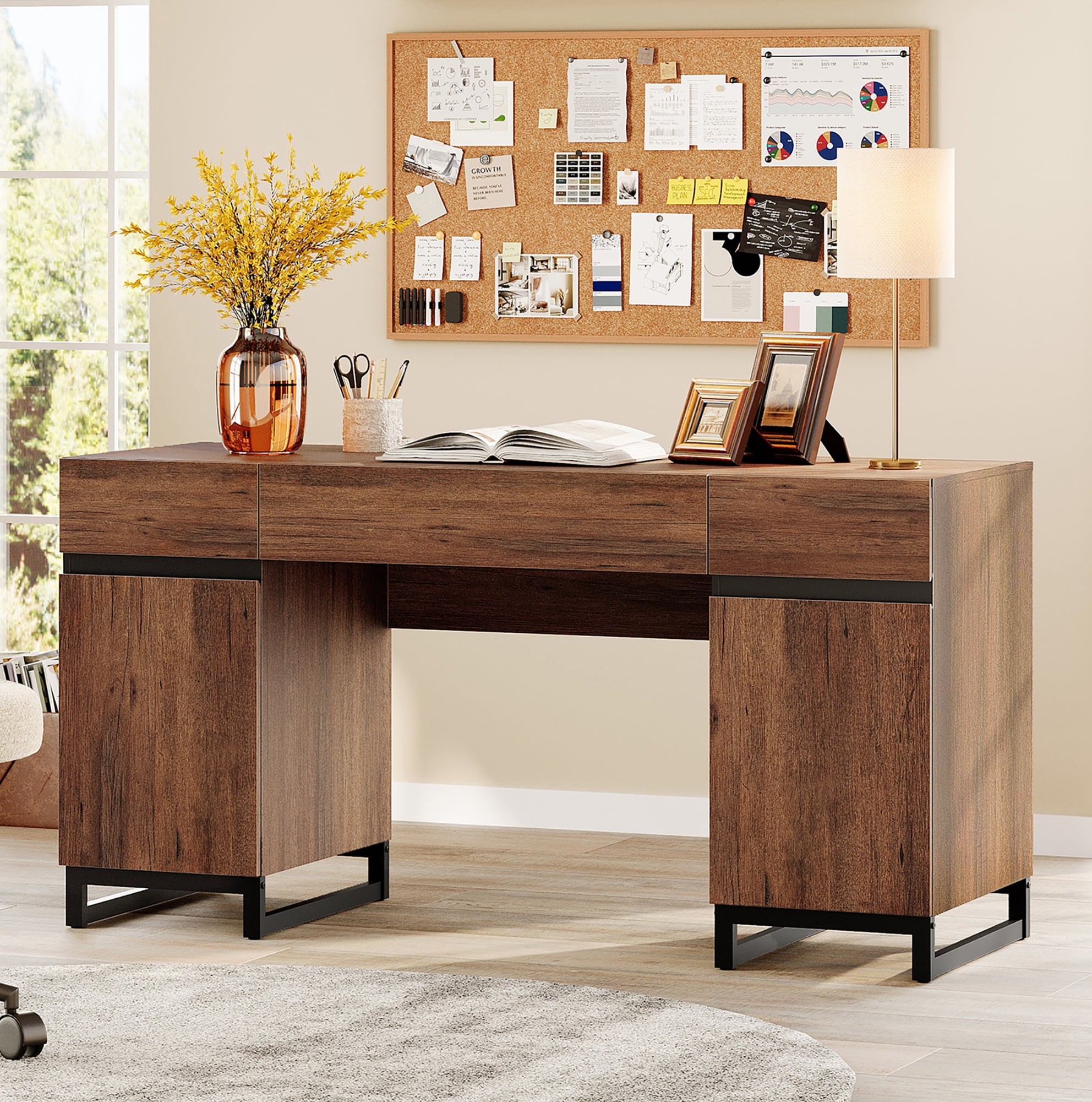 WAMPAT Office Furniture Set: 59" Executive Desk with Charging Station and Storage Cabinet, Four 72" Tall Bookcases, Modern Computer Desk and Library Shelf for Work Study, Brown
