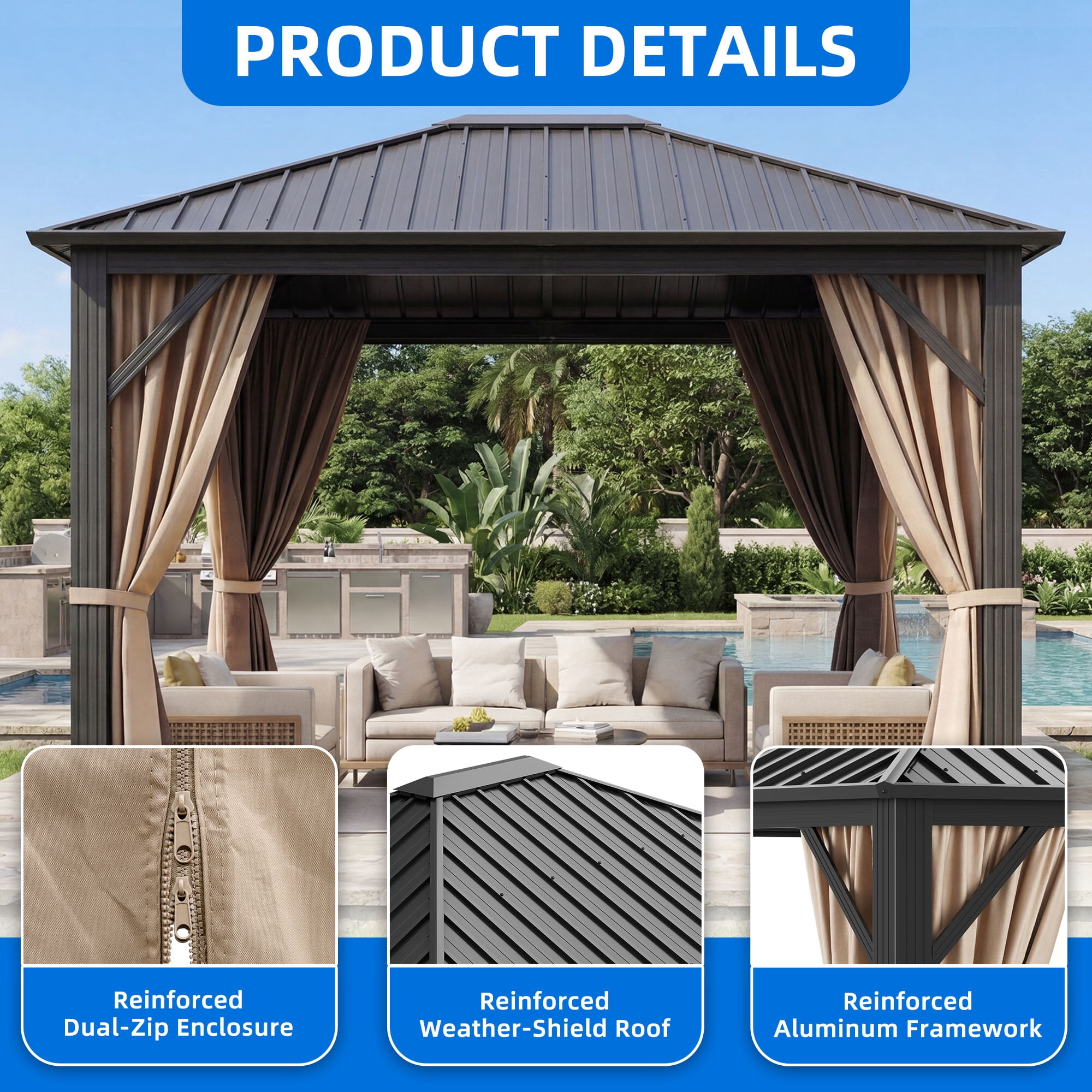 Dextrus 10x12ft Hardtop Gazebo with Nettings and Curtains, Heavy Duty Galvanized Steel Outdoor Vertical Stripes Roof for Patio, Backyard, Deck, Lawns, Brown