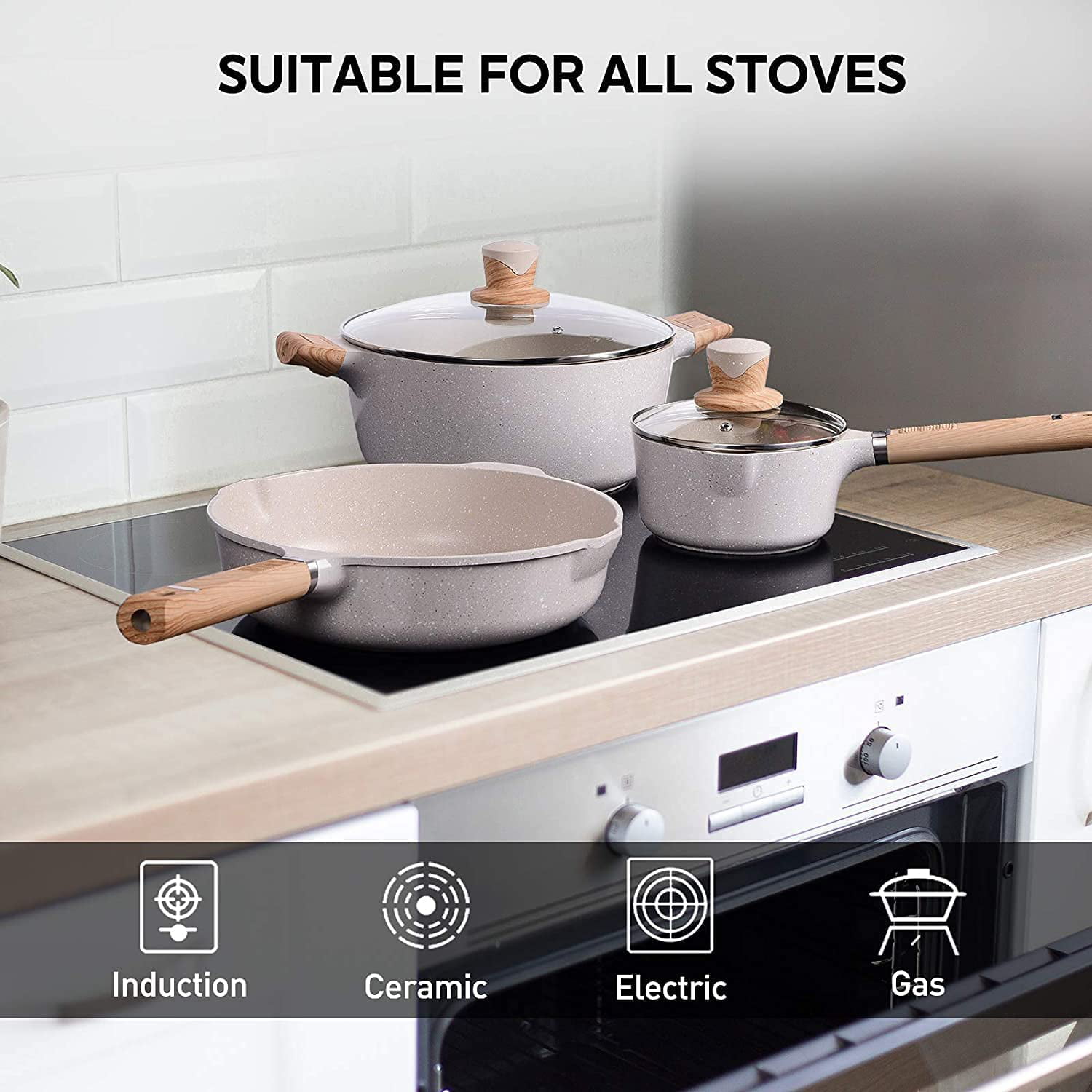 Pots and Pans Set, iMounTEK Nonstick Induction Kitchen Cookware Sets, White  Granite Coating Dishwasher Safe, Frying Pans, Saucepans, Stockpot with