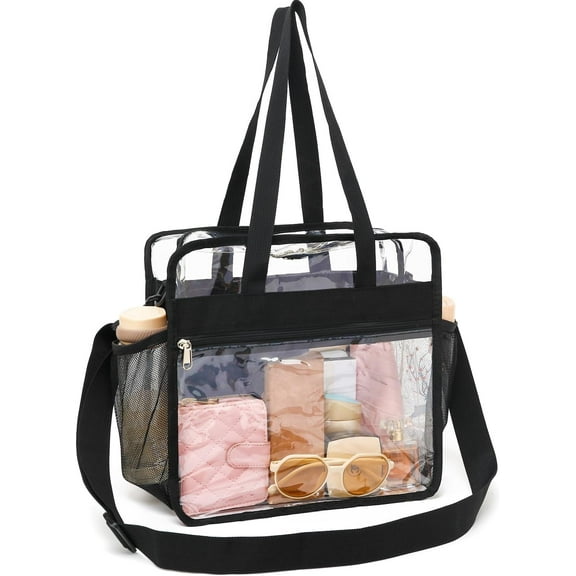 Clear Beach Bag for Women, Large Clear Tote Bag for Stadium Events - Zipper Closure, Waterproof, Sandproof（Black）
