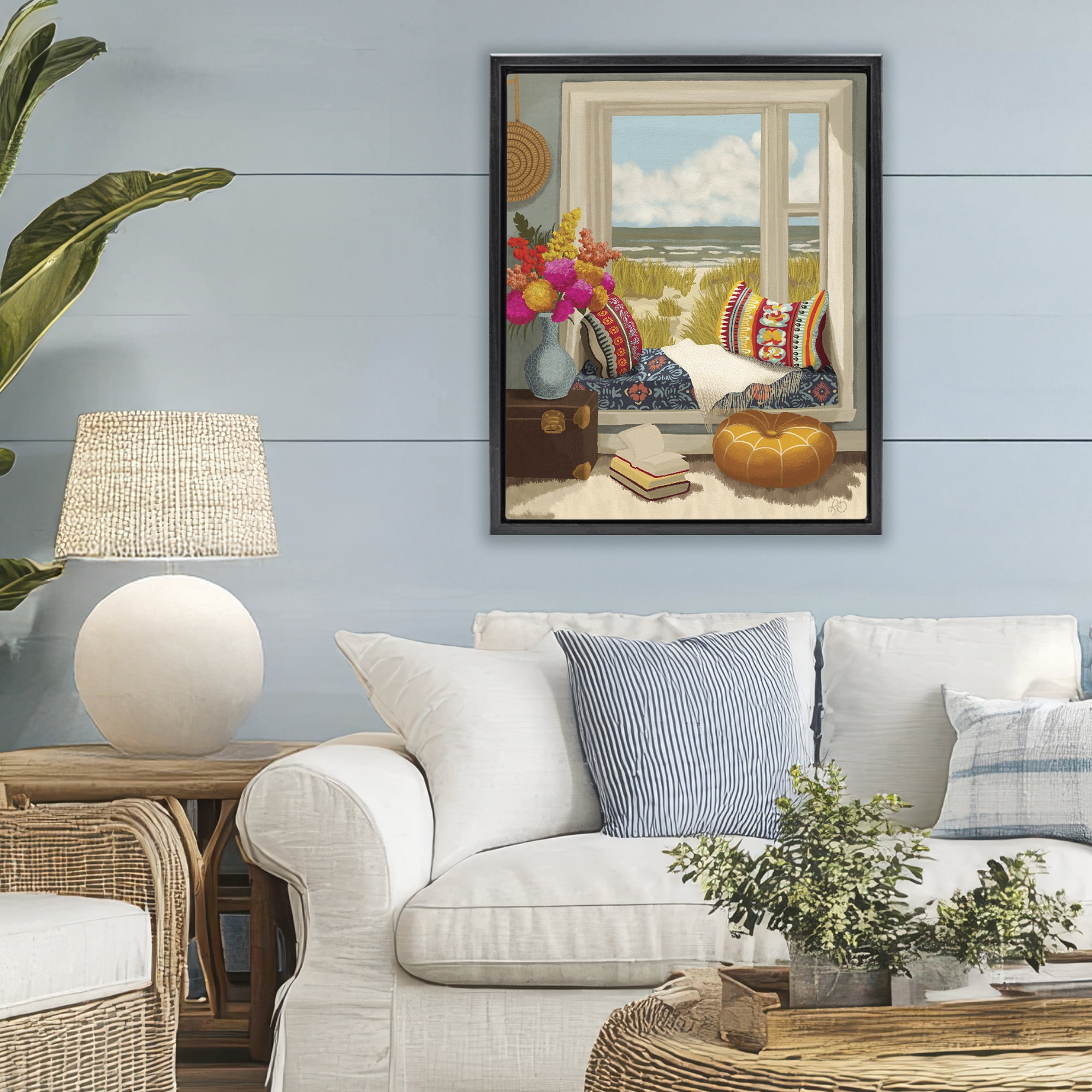 Stupell Industries Coastal Vacation Window Seat Black Framed Floater Canvas Wall Art, design by Lisa R Dumm