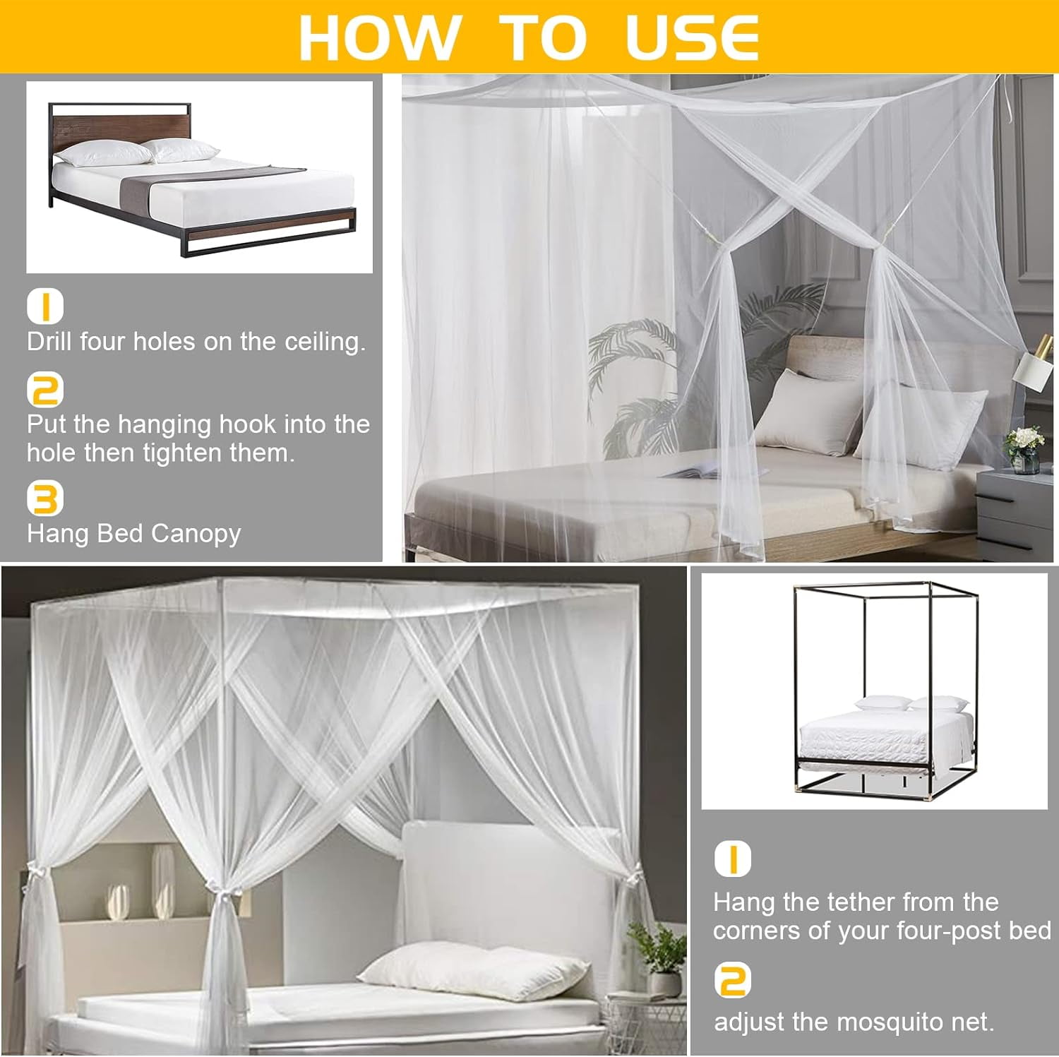 Mosquito Net Bed Canopy for Girls,King Canopy Bed Curtains Queen Size from Ceiling,Dome Mosquito Netting Bed Tent Twin Girls Canopy Bed Decor for Baby Crib,Kid Bed and Adult Beds (Black Square)