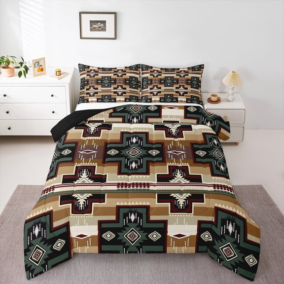 Homewish Hippie Aztec Adult Queen Comforter Set, Bohemian Rectangle Abstract Bedding Sets, Brown Teal Mandala Reversible Bedding Comforter Set, Microfiber Bedroom Decor, 3pcs