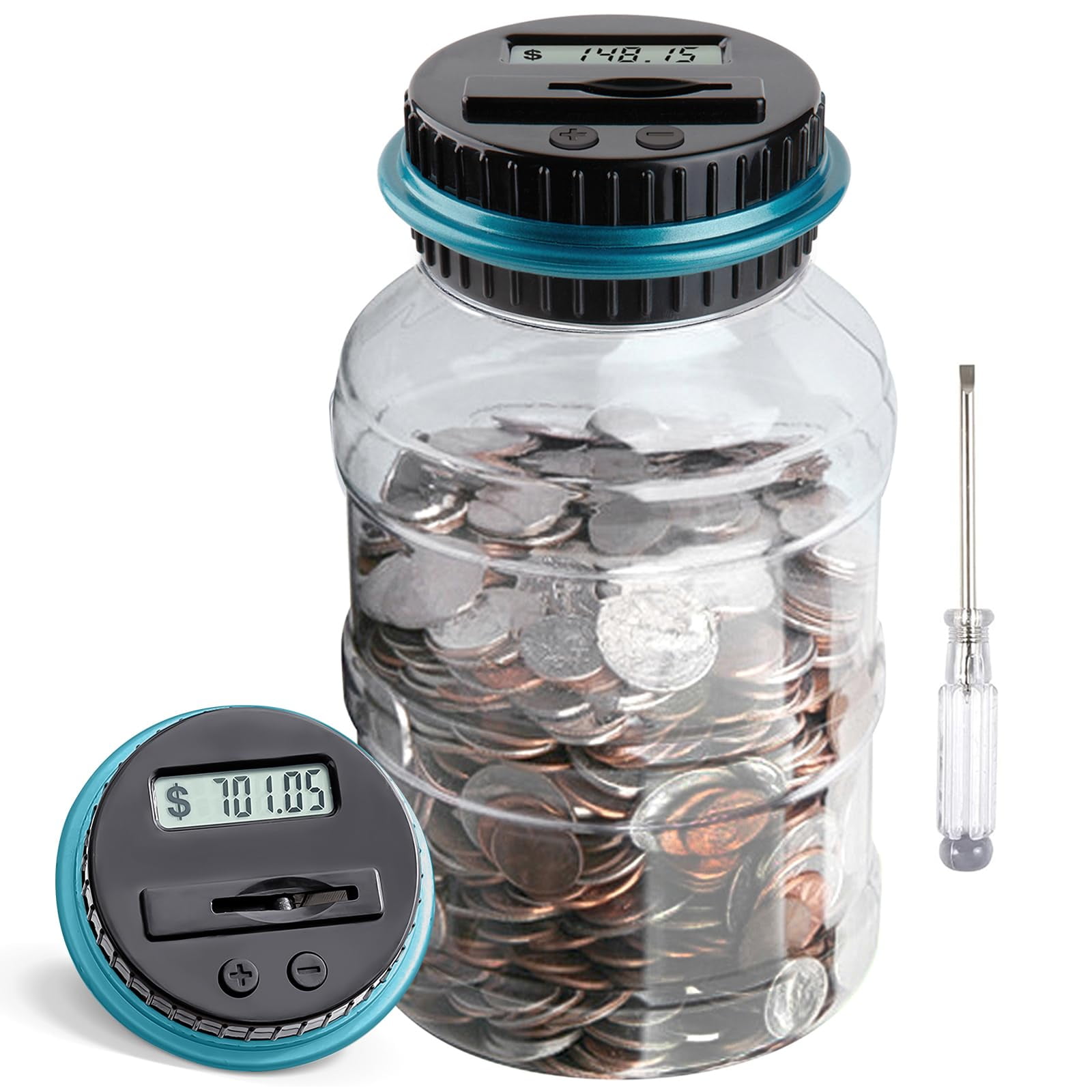 Large piggy bank with LCD counter, counts coins, 1.8 liters capacity, compatible with all US coins.