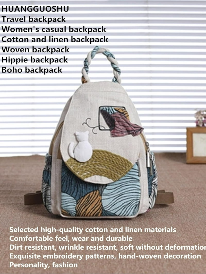 Womens Hippie Cotton Hemp Cloth Backpack Boho Vintage  display picture 3