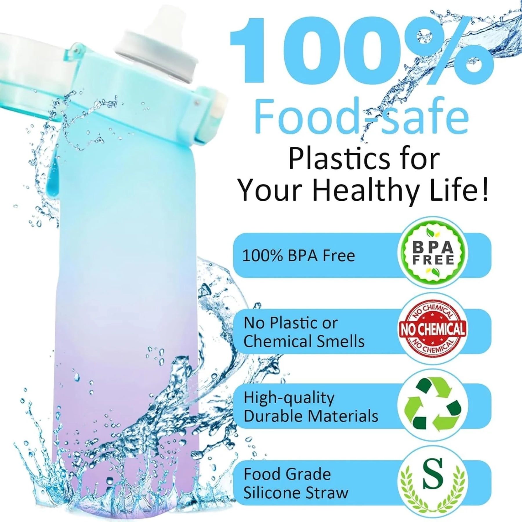 Scented Water Bottle Set with Lid, 22oz Plastic Scent Water Bottle with 7 Fruit Flavor Pods, BPA Free for School Gym (Blue Purple)