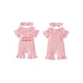 thumbnail image 2 of RUINIXCW Baby Girls Half Birthday Outfit Short Sleeve Ruffled Crewneck Letter Biscuit Embroidery Striped Jumpsuit with Headband, 2 of 8