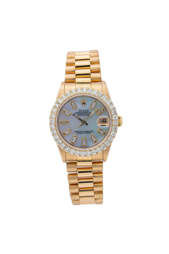 Pre-Owned Rolex Datejust 31MM 68278 Blue Mother of Pearl Baguette Diamond Dial Diamond Bezel 18K Yellow Gold President Bracelet