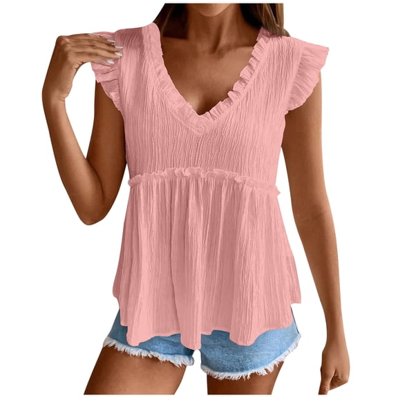 Short Sleeve Shirts for Women, Womens Babydoll Tank Tops V Neck Ruffle Sleeve Pleated Peplum Shirts Summer