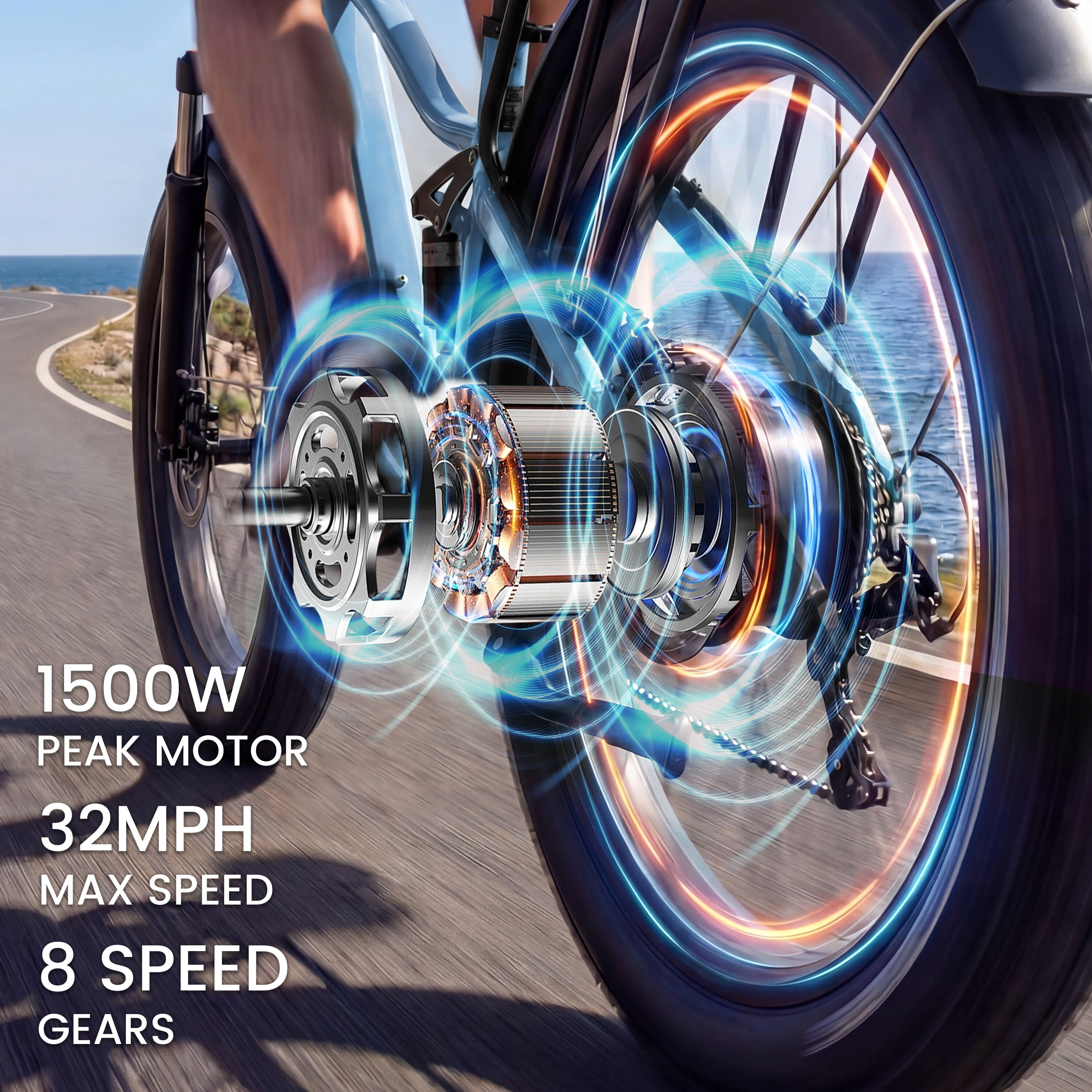 ESKUTE C300 Electric Bike for Adults, 1500W Peak Motor, 32MPH Fast Ebike, 48V 20.8Ah Battery Up to 80 Miles, 26"x4.0" Fat Tire, Full Suspension, 8-Speed Blue, With Bag & Lock & Front Basket, UL2849