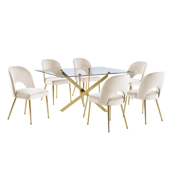 Rectangle 60" x 38" 7pc Clear Glass Dining Set with Cream Chairs