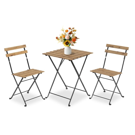 3-Piece Patio Bistro Set – Folding Metal Frame Patio Furniture, Indoor/Outdoor Table and Chairs Set, No Assembly for Balcony & Yard, Wood