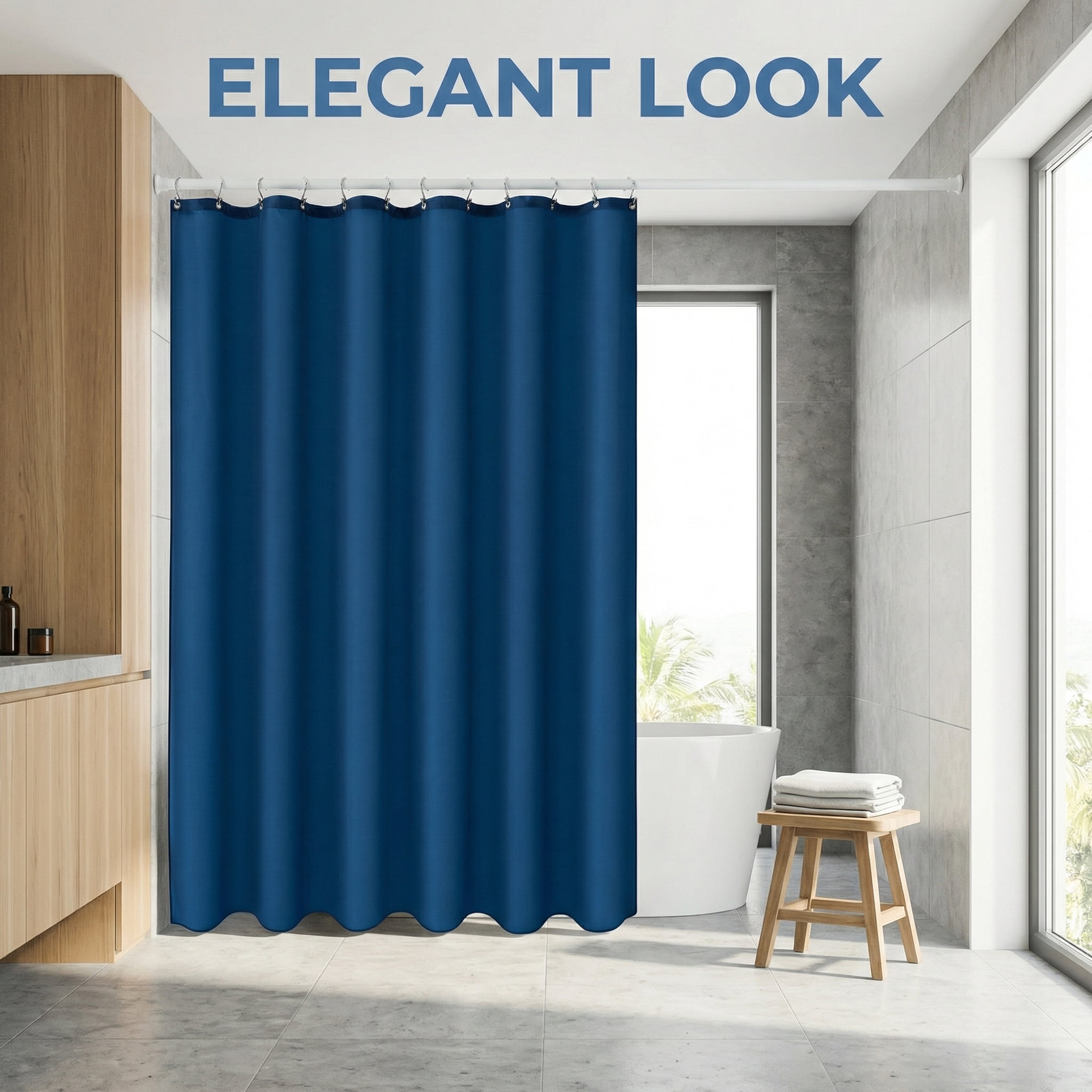 Unique Bargains Solid Polyester Shower Curtain Sets with 12 Hooks Dark Blue 71"W x 71"L