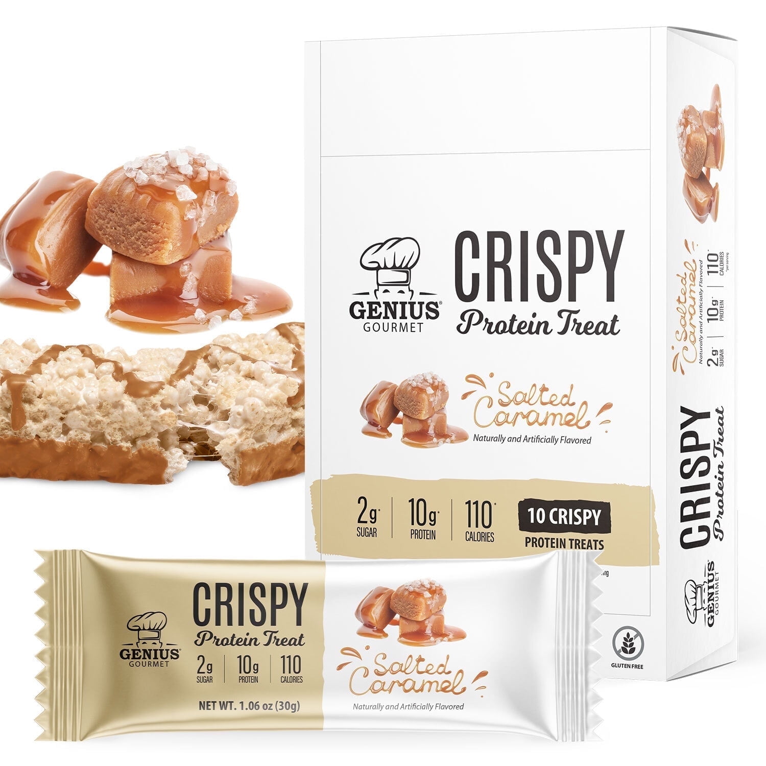 Genius Gourmet Crispy Protein Treat - Salted Caramel Low Carb Low Sugar Snacks (10 Protein Bars)