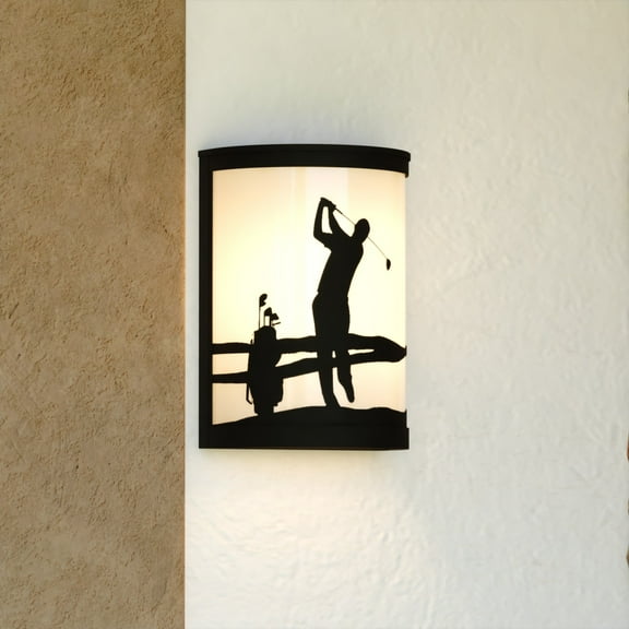 Links 1-Light 8 in. Wide Black Indoor-Outdoor Transitional Flush Mount Wall Sconce with Metal Golfer Cutout and Frosted White Glass Shade, Dimmable, LED Compatible, Steel