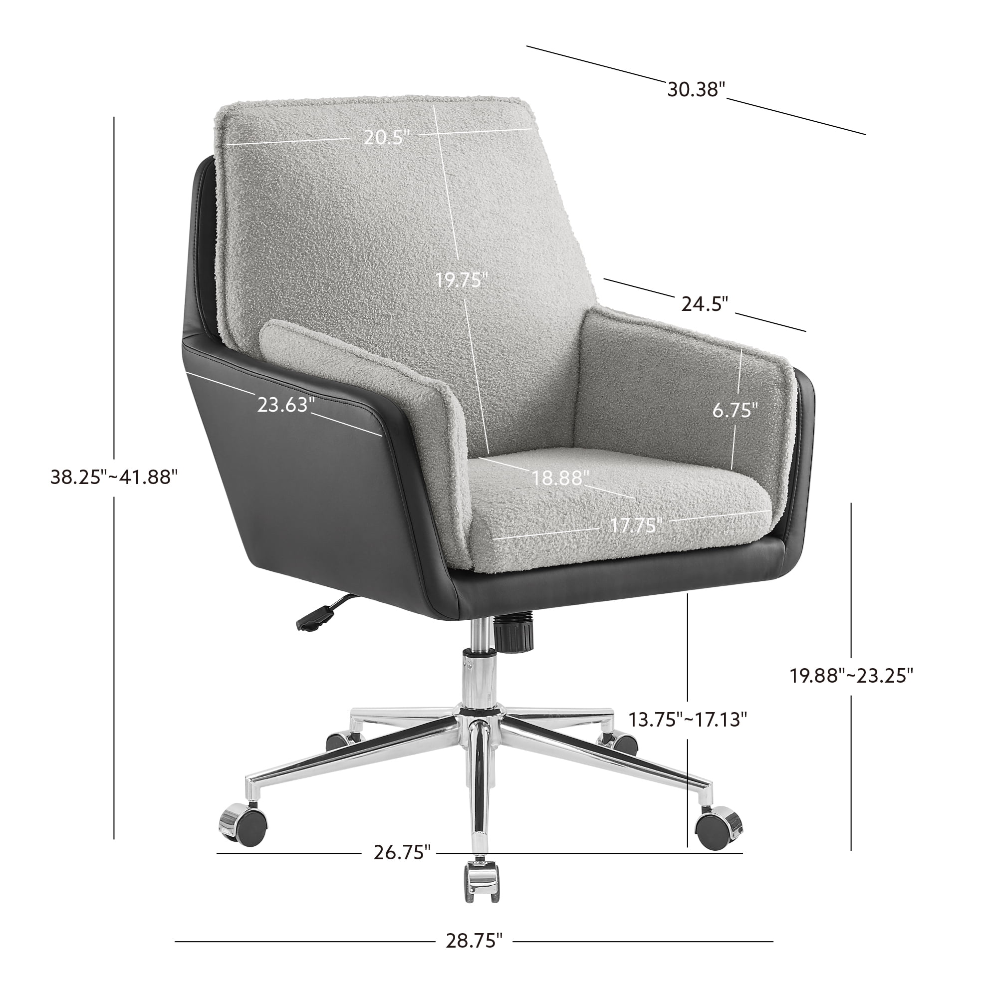Linon Merle Faux Leather High Back Office Chair with Castors, Black/Gray Sherpa