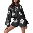 thumbnail image 1 of Gibobby Pijamas de satén Conjunto de pijama de punto para mujer, traje informal, manga larga, Top y pantalones cortos de manga burbuja, conjunto de suéter de ropa deportiva de 2 piezas (Negro, M), 1 of 5