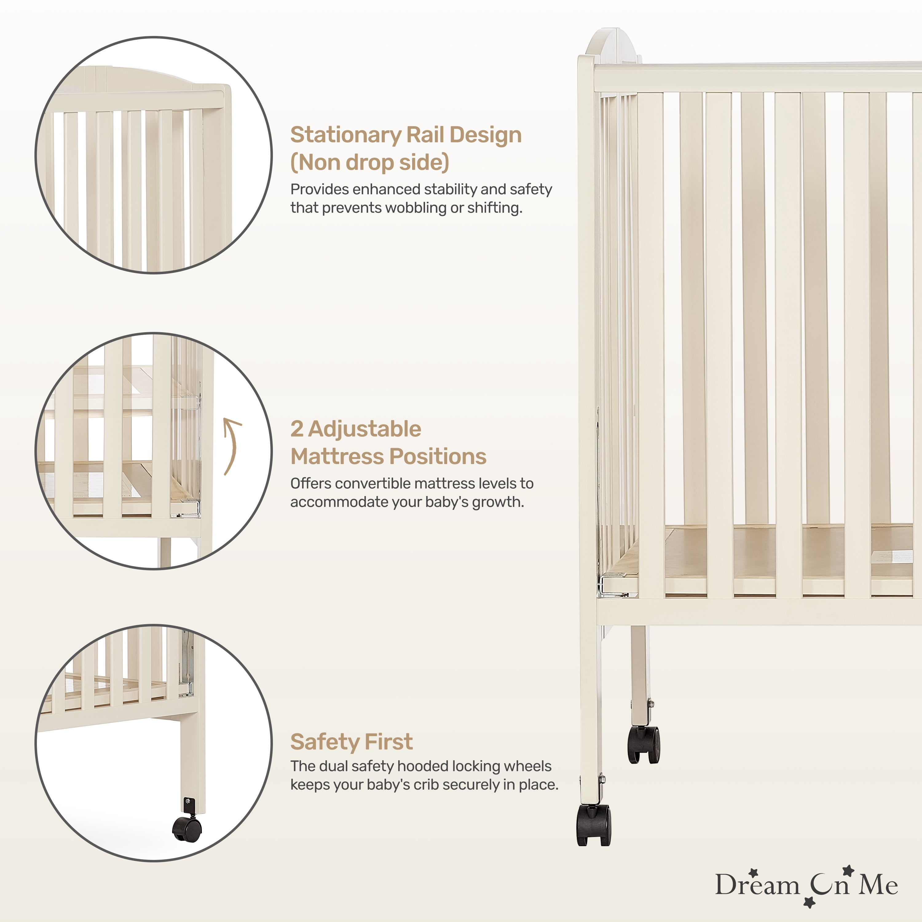 Dream On Me Full Size 2-in-1 Folding Stationary Side Crib, Locking Wheels, French White