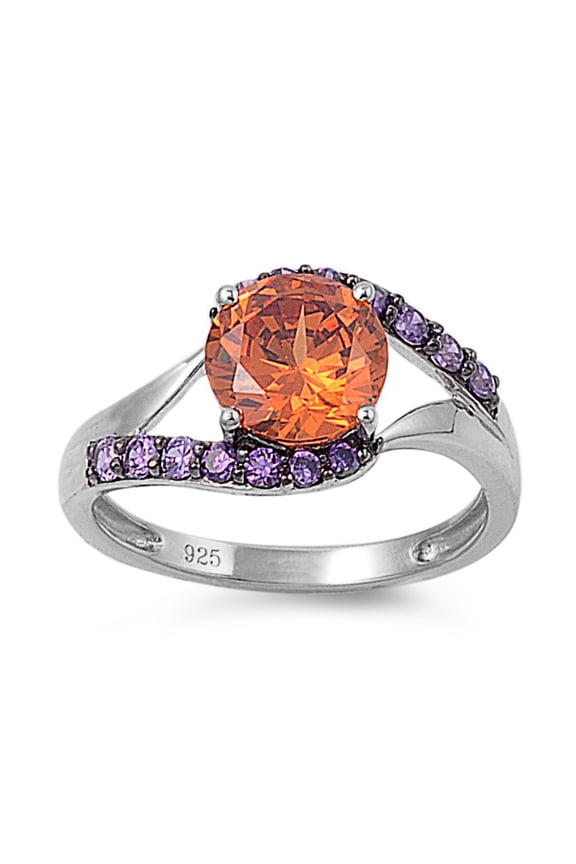 Designer Simulated Amber Simulated Amethyst Cubic Zirconia Ring Sterling Silver 925