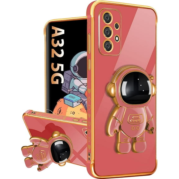 For Samsung Galaxy A32 5G Case with Astronaut Stand, Women Girls Galaxy A32 5G Cases, Girly Cute 6D Outer Space Heart Pattern Phone Cover for Samsung A32 5G 6.5 Inch Red
