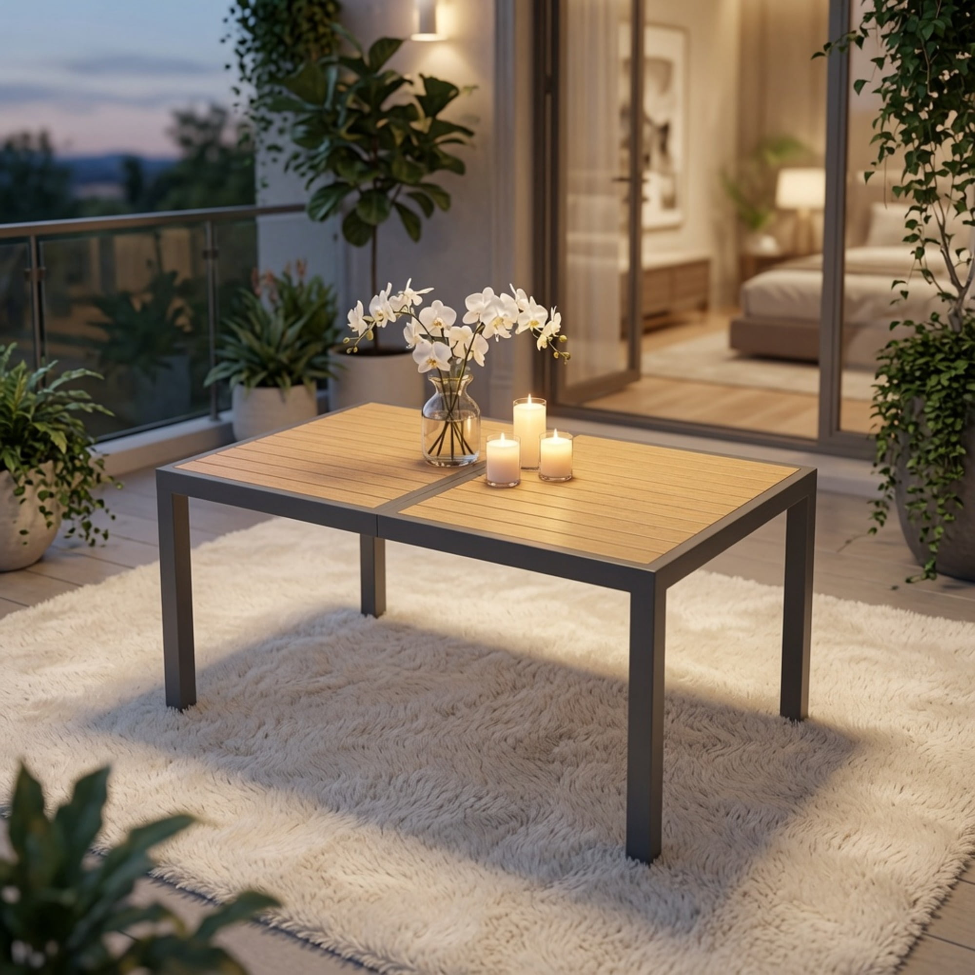 Outdoor Patio Dining Table 59x35x28.7 Inch Grey HDPS Tabletop Aluminum Frame All-Weather for Garden Deck