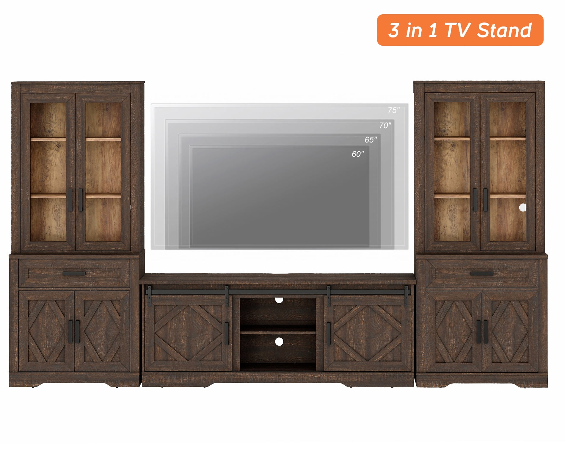 WAMPAT Farmhouse Entertainment Center with Bookshelf for TVs up to 75",Mid Century Modern TV Stand with 73"H Tall 5-Tier Bookcase with Open Storage and Barn Doors for Living Room,Bedroom,Dark Brown