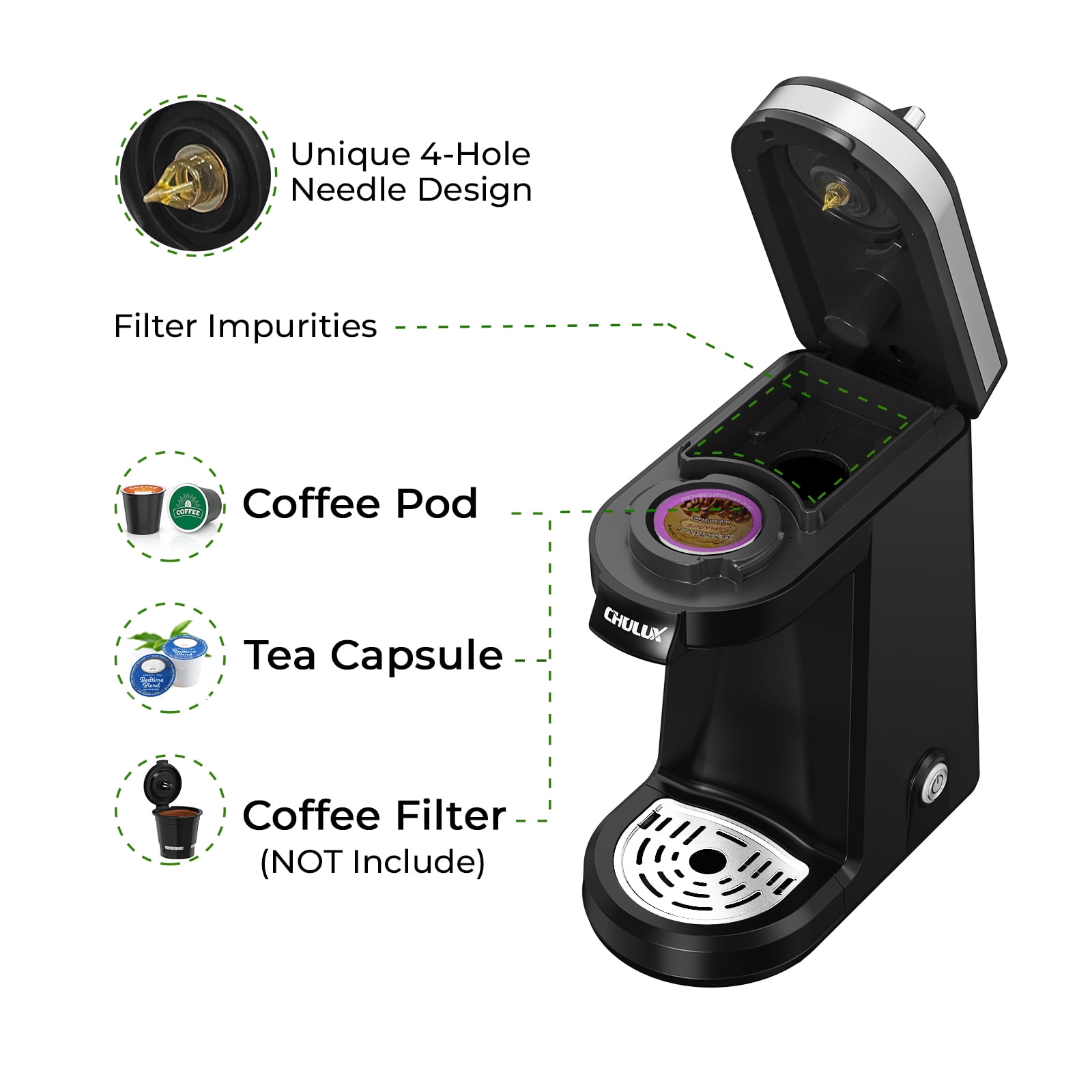 CHULUX Small Single Serve One Cup Travel Coffee Maker Machine for K-Cup Capsule & Ground Coffee, New