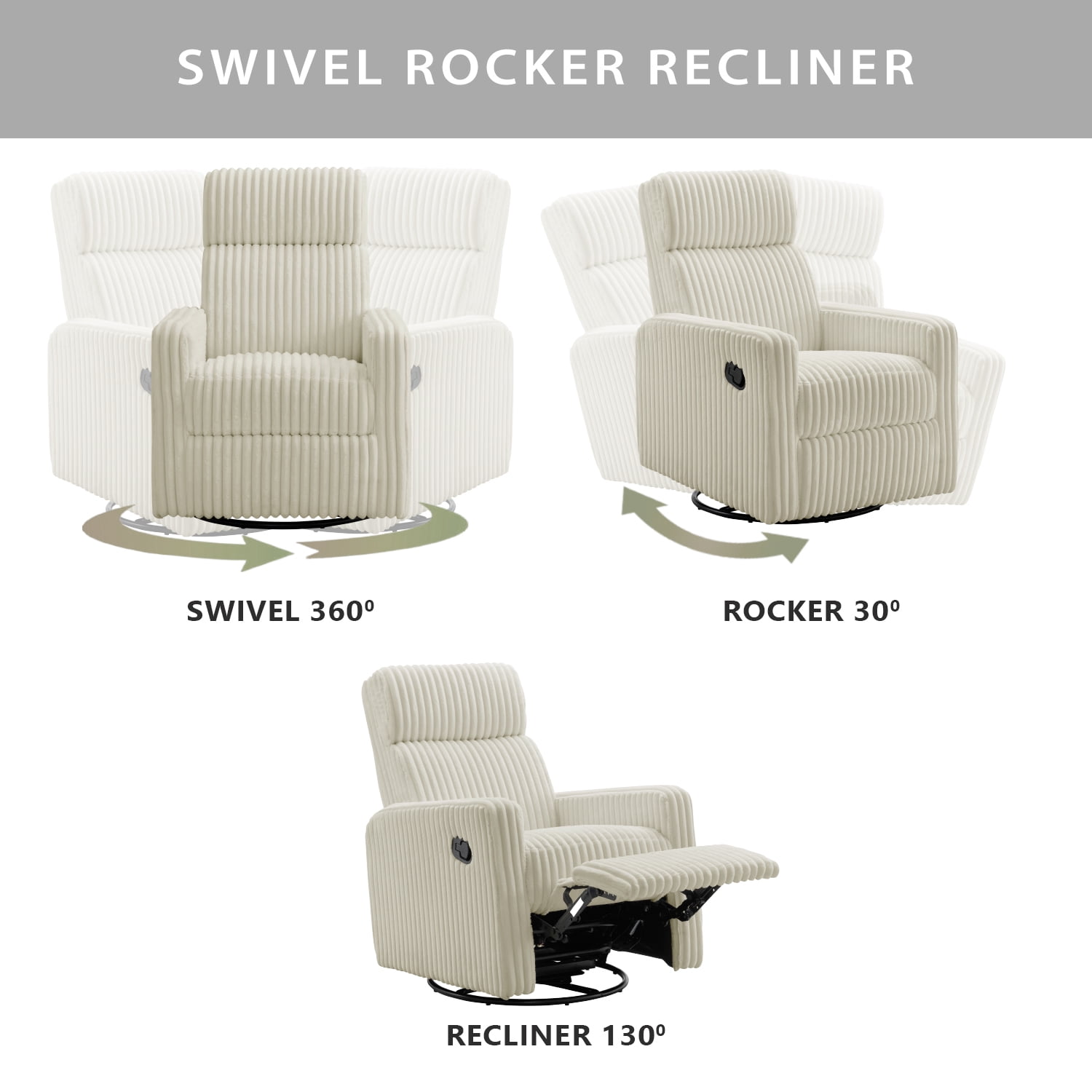 Oxford Baby Layton Upholstered Glider Recliner Rocking Chair 360° Swivel for Nursery and Living Room – Corduroy Pearl White​