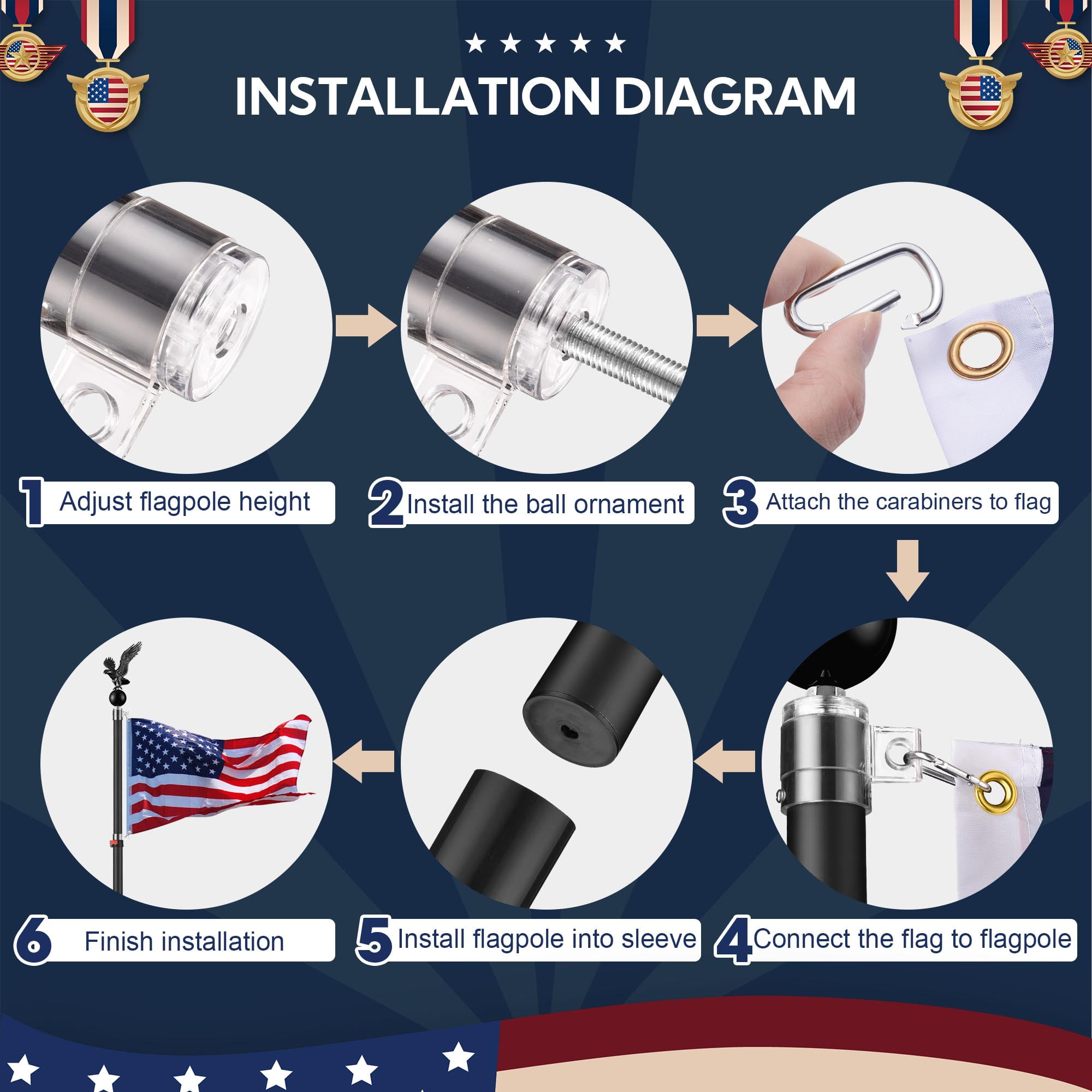 Yescom EZ GO 20ft Eagle Topper Telescopic Flag Pole Kit Upgraded Rotating Lock Outside 3x5' US Flag Ball Final Black