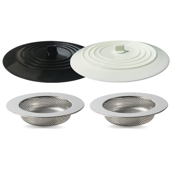 Seatery 4 tapones para fregadero de cocina, colador redondo grande de silicona de 6 pulgadas, tapón de agua, colador de fregadero de acero inoxidable de 4,5 pulgadas, recogedor de restos de alimentos