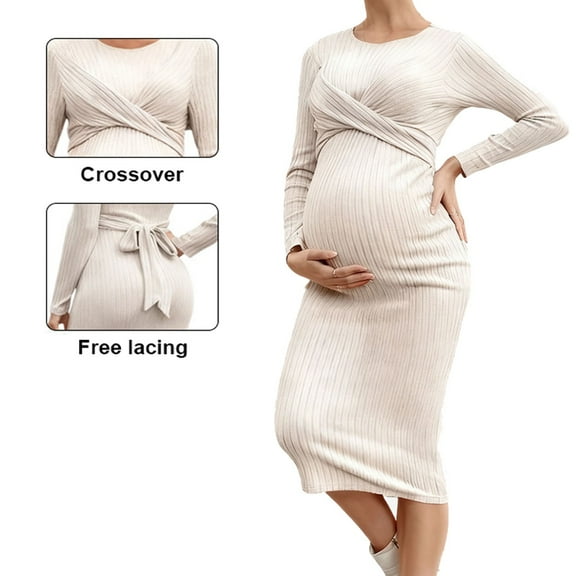 hengsof Women's Long Sleeve Crossover Maternity Dress, Knitted Long Sleeve Maternity Wear with Adjustable Ties