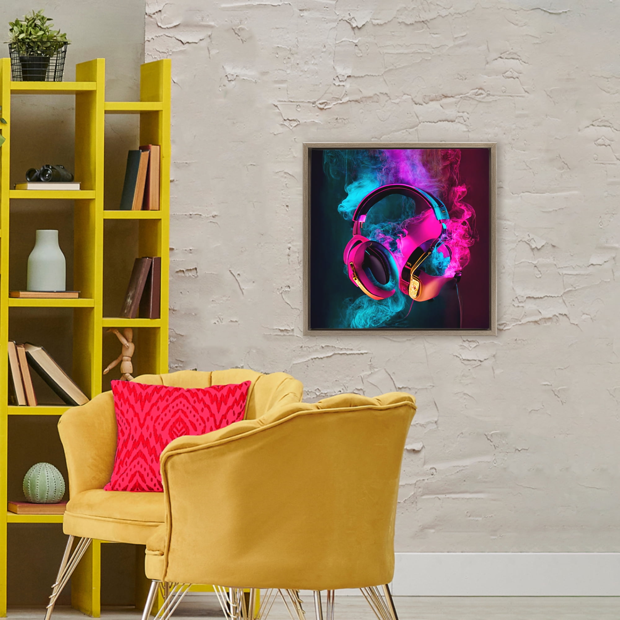 Power Play Pink & Blue Headphones Brown Framed Floater Canvas Wall Art, design by Sasha