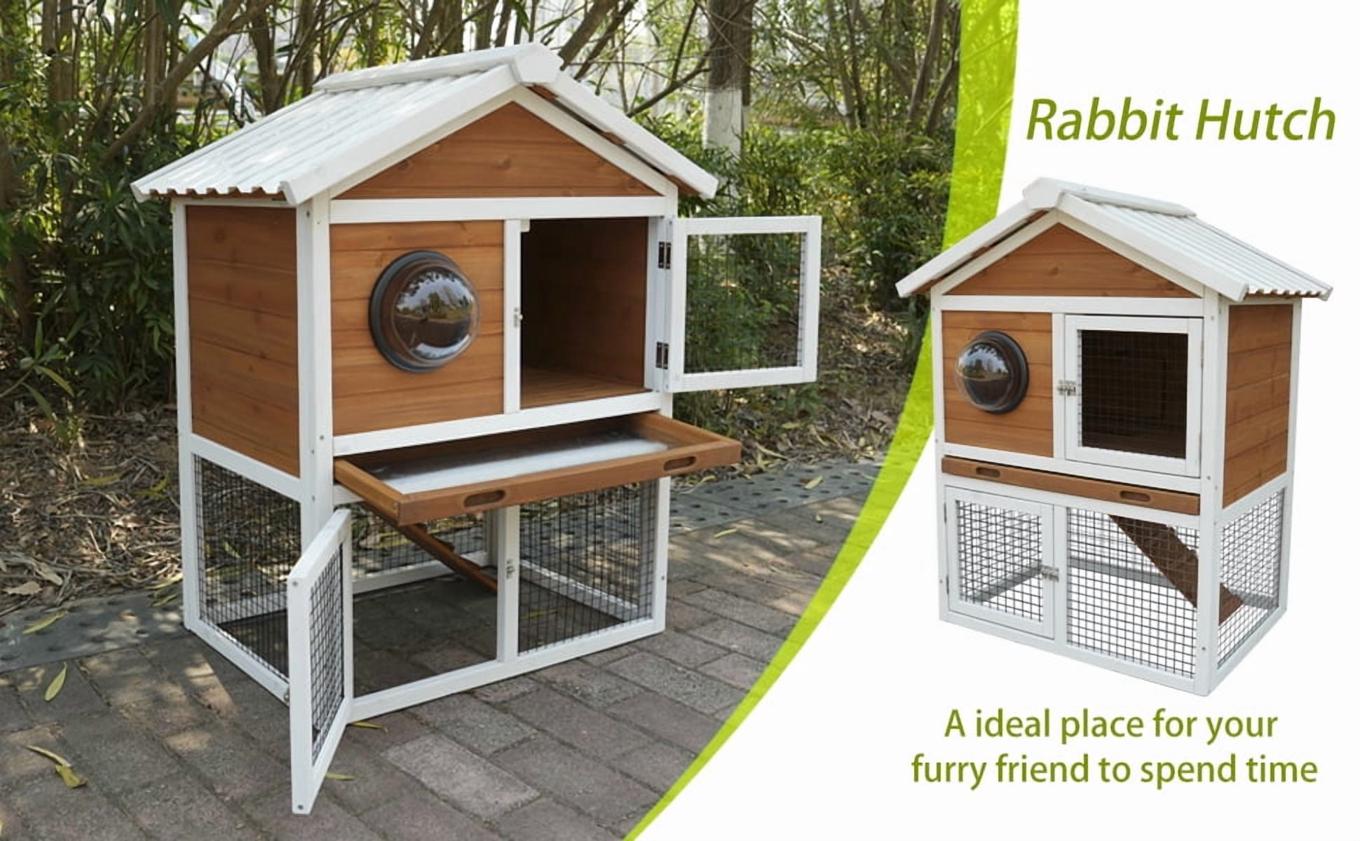 Rabbit Hutch, Outdoor Bunny Cage with Waterproof Roof, Removable Pull Out Tray, 2-tier Wooden Rabbit House for Small Animals, Rabbit Enclosure for Guinea Pigs, Hamster