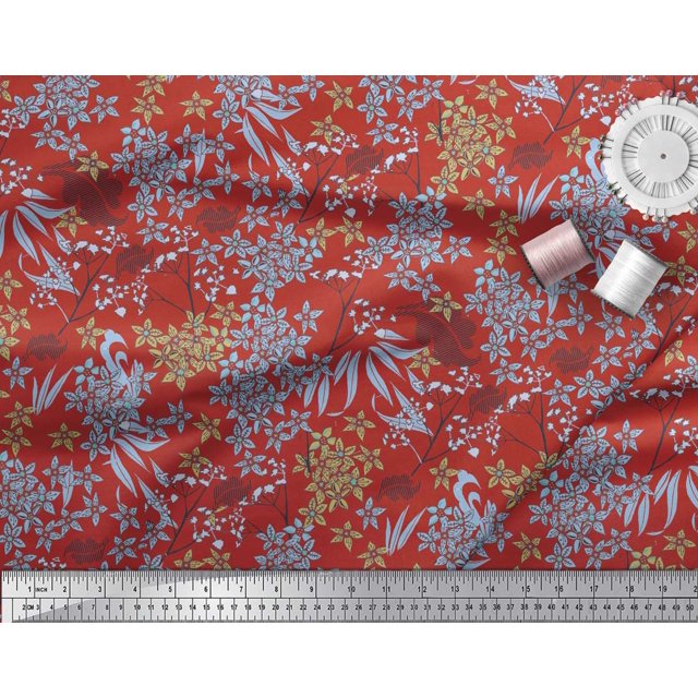 Soimoi Red polyester Crepe Fabric Leaves & Floral Hand Drawn Print Fabric by the Yard 52 Inch Wide