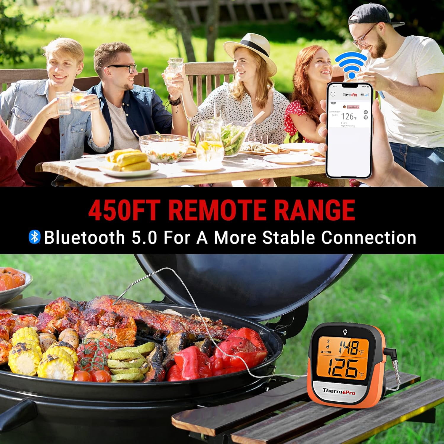 ThermoPro TP901W Bluetooth Digital Meat Thermometer, Wireless, with Stainless Steel Probe, Orange