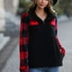 thumbnail image 3 of Blusa de felpa para mujer, manga larga, costura, patrón de rejilla, blusa de ajuste informal a la moda para citas, 3 of 8
