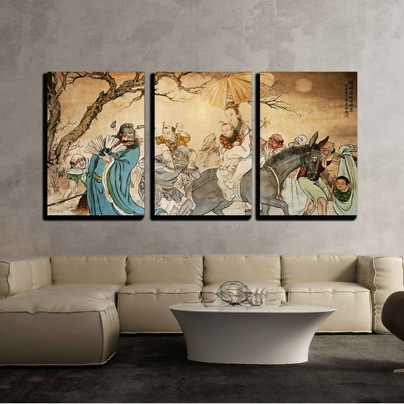wall26 - 3 Piece Canvas Wall Art - Traditional Oriental Watercolor Ink Art - Modern Home Art Stretched and Framed Ready to Hang - 16"x24"x3 Panels