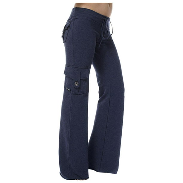 Pantalones de yoga con cintura elástica y bolsillo con botón, estilo casual y moderno, para mujer