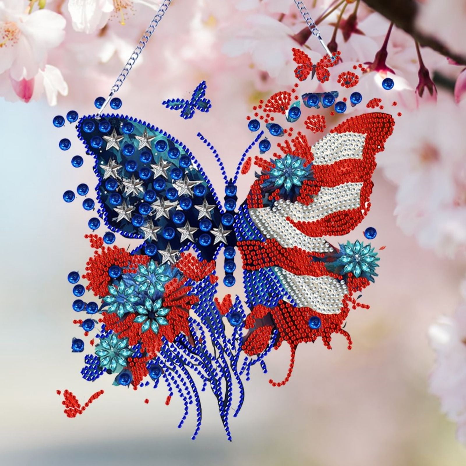 FLOPESN 2PCS DIY Diamond Pendant Diamond Art Painting Independence Day USA Butterfly Creative Design PVC Home Decoration Pendant (Single Side Diamond)